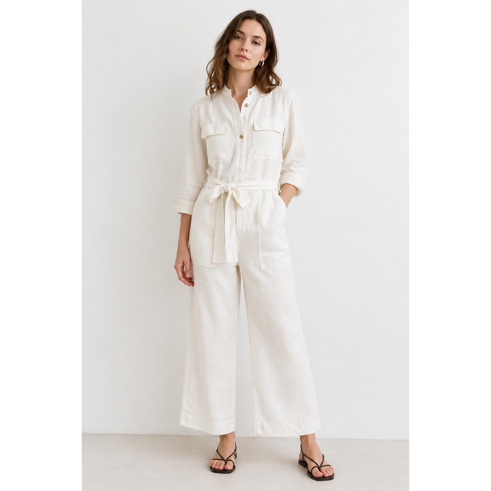 Banana‎ Republic Utility Jumpsuit Womens S White Linen Blend Belted Wide Leg